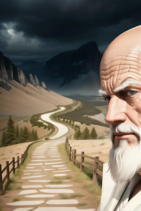 portrait of a bald old man at mountain top, wearing a white robe, looking at viewer, white beard, wrinkled skin, (serious face:1.5), detailed skin, (pathway going down:1.6), dramatic sky in the background, detailed, intricate, intricate details, best quality, high quality, highly detailed, high detail, masterpiece, cinematic, ultra high res, high rest, sharp focus, 4k, 8k, high resolution, shot on mirrorless camera,