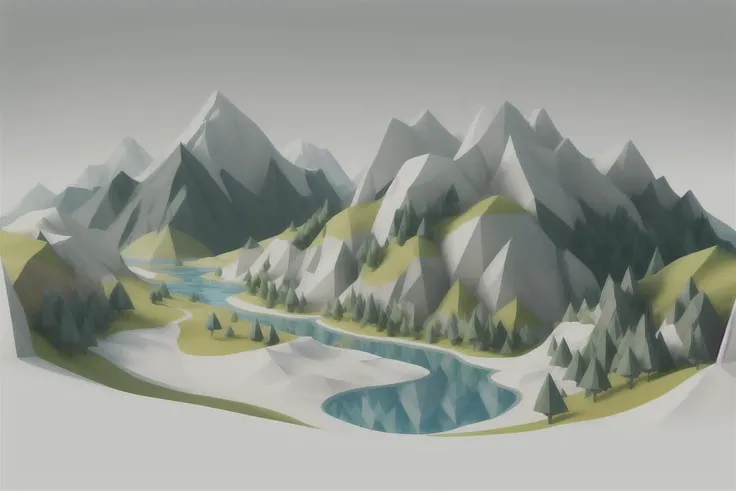 low-poly style of a lush summer landscape with hills a stream and a lake, white background with negative space, negative space, vibrant colors