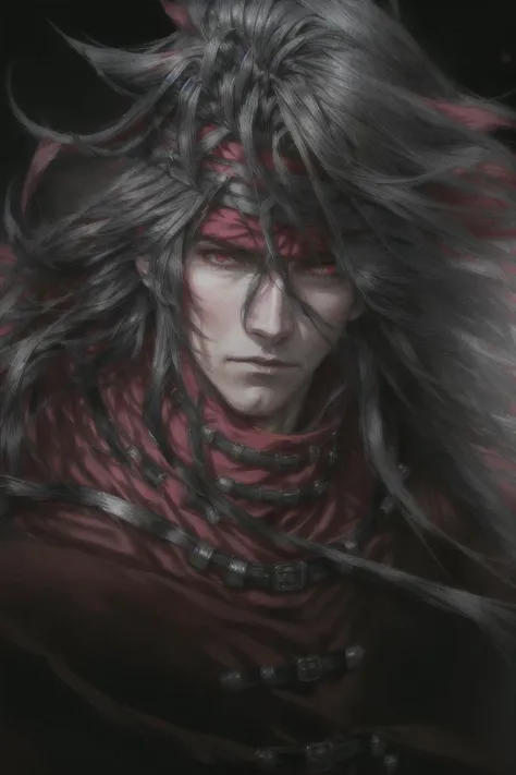 absurdres, masterpiece, 1boy, VincentValentine <lora:VincentValentineV1:0.9>, long black hair, red eyes, red cloak, red headband, high collar, portrait, wind, looking at viewer