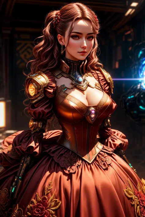 4K, Masterpiece, highres, absurdres,natural volumetric lighting and best shadows,ballgown,highly detailed face, highly detailed facial features,a woman in a (mecha outfit,wearing edgMechaGirl cyber_armor:0.95) , (wearing a ballgown:1.2),cyberpunk setting,metallic embroidery,cowboy shot <lora:NeonGown:0.88>