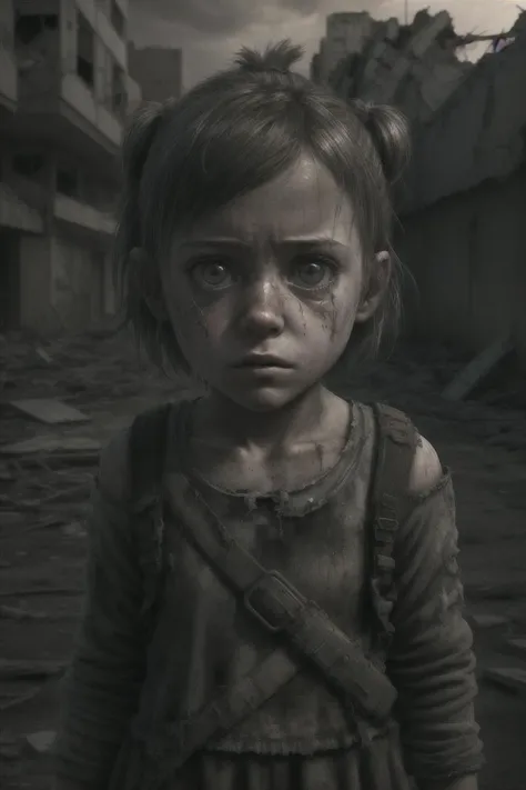 portrait of a alone in the middle of a destroyed post-apocalyptic city, staring straight ahead, staring blankly, photorealistic, 8k, hyper-detailed, sad, horror, cinematic light