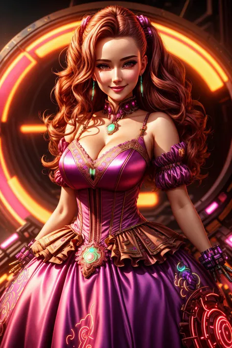 4K, Masterpiece, highres, absurdres,natural volumetric lighting and best shadows,ballgown,highly detailed face, highly detailed facial features,smiling,a woman in a (neon,mecha outfit,wearing edgMechaGirl cyber_armor:0.95) , (wearing a ballgown:1.05),cyberpunk setting,metallic embroidery,cowboy shot <lora:NeonGown:0.88>