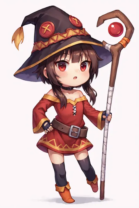 score_9, score_8_up, score_7_up, source_anime, highly detailed, 1girl,  megumin, chibi,  hat, witch hat, brown hair, staff, short hair with long locks, red eyes, black choker, collarbone, flat chest, off-shoulder dress, dress, red dress, long sleeves, black gloves, fingerless gloves, belt, brown belt, gold trim, asymmetrical legwear, mismatched legwear, bandaged leg, black thighhighs, simple background, white background,  <lora:justduet_SDXLPONY_r70_768_dim32-a4-adamW-000009:0.7>, <lora:MeguminWinter:0.2>,