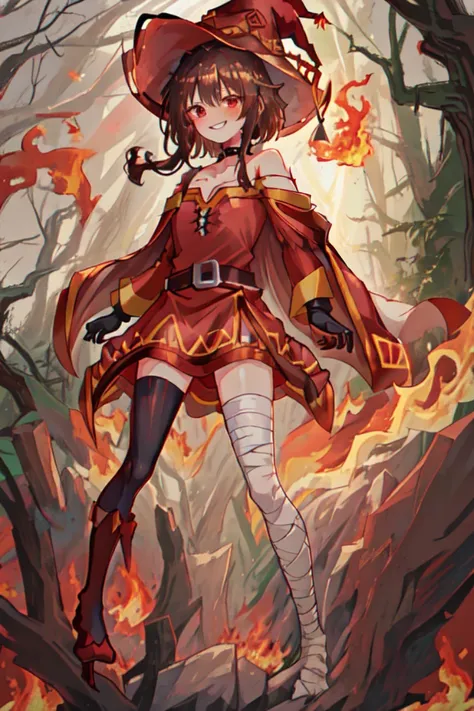 <lora:Megumin v2:0.5>
megumin, kono subarashii sekai ni shukufuku wo!, 1girl, solo, standing, looking at viewer, hat, witch hat, brown hair, short hair with long locks, red eyes, blush, evil grin, black choker, collarbone, flat chest, off-shoulder dress, dress, red dress, brown cape, long sleeves, black gloves, fingerless gloves, belt, brown belt, gold trim, zettai ryouiki, skindentation, (asymmetrical legwear:1.4), mismatched legwear, (bandaged leg:1.3), black thighhighs, (arms behind back:1.3),
(forest:1.4), <lora:firevfxCreateMore_v1:0.3>, Surrounded by flames