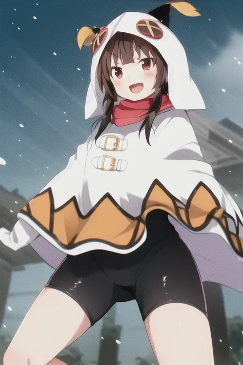 <lora:MeguminWinterOutfit:1>
megumin, kono subarashii sekai ni shukufuku wo!, standing, 1girl, solo, white hood, white hoodie, cat ears, winter clothes, short hair, short hair with long side locks, brown hair, red eyes, blush, open mouth, :D, red scarf, white cape, gloves, black bodysuit