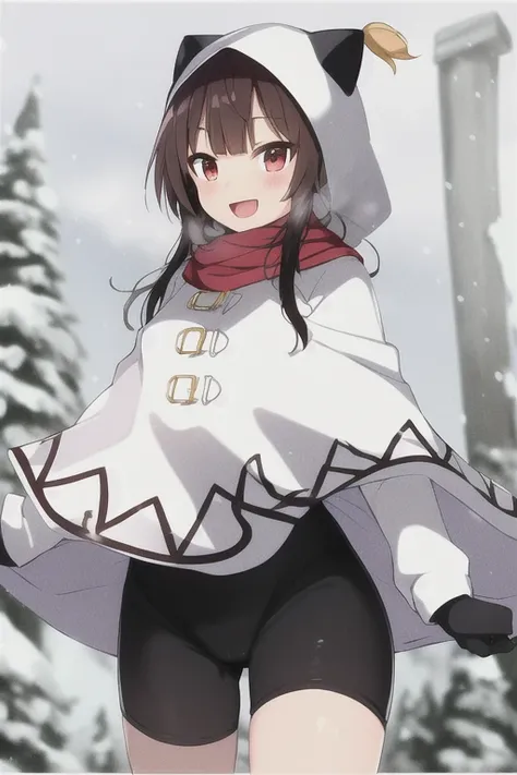 <lora:MeguminWinterOutfit:0.8>
megumin, kono subarashii sekai ni shukufuku wo!, standing, 1girl, solo, white hood, white hoodie, cat ears, winter clothes, short hair, short hair with long side locks, brown hair, red eyes, blush, open mouth, :D, red scarf, white cape, gloves, black bodysuit, snow, winter background,