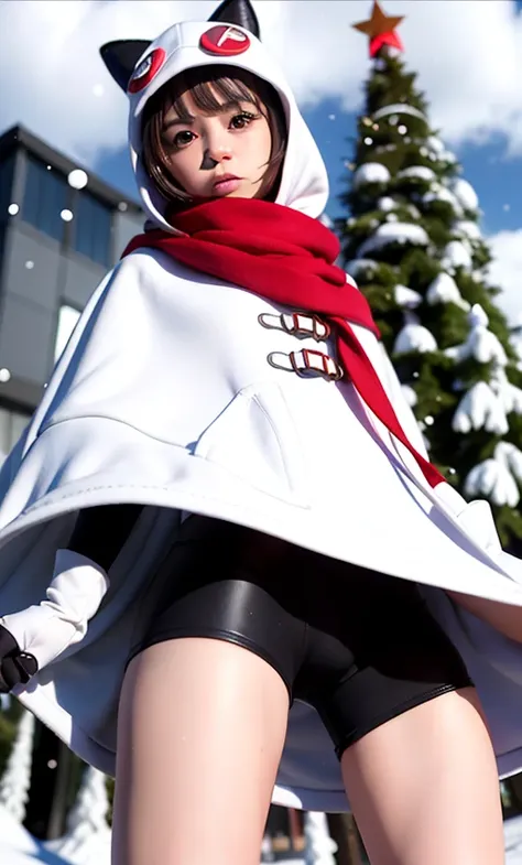 a girl standing at winter town, (look down at the viewer:0.8),
1girl, (masterpiece;1.0), (photorealistic:1.37), (sharp focus:1.2),
<lora:meguminKonosuba_meguminWinterOutfit:0.5>,short flowing hair,
((winter clothes, cat ears, white hoodie, white hood, red scarf, white cape, gloves, black bodysuit)),
(detailed face:1.2), looking at viewer,(style-empire:1.4)