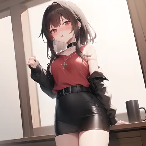 <lora:megumin:.4>, megumin, kono subarashii sekai ni shukufuku wo!, 1girl, solo, brown hair, short hair with long locks, red eyes, blush, black choker, spiked collar, flat chest, fingerless gloves, eyeliner, black lipstick, arm tattoos, graphic tee, t-shirt, ripped jeans, stylish leather jacket, black jeans, attic, annoyed, cowboy_shot