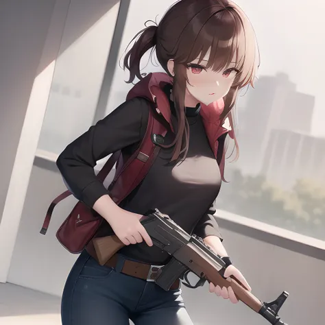 megumin, 1girl, solo, brown hair, short hair with long locks, short hair, red eyes, blush, stylish, military gear, satchel, straps, pouches, tactical gear, military, armor, armored vest, knee pads, soldier, holding ak-47, akm, <lora:bettergunAK47WIP_betaWIP:.3>, <lora:megumin:.3>
