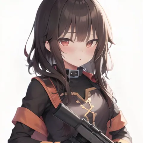 megumin, 1girl, solo, brown hair, short hair with long locks, short hair, red eyes, blush, stylish, military gear, satchel, straps, pouches, tactical gear, military, armor, armored vest, knee pads, soldier, holding ak-47, akm, <lora:bettergunAK47WIP_betaWIP:.3>, <lora:megumin:.5>