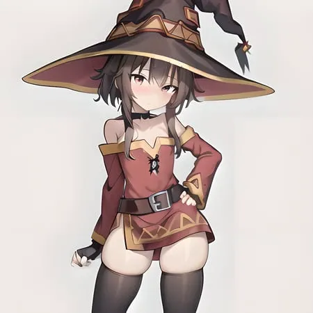 <lora:megumin:.5>, <lora:pantyandstocking:.4>, megumin, kono subarashii sekai ni shukufuku wo!, 1girl, solo, hat, (witch hat:1.3), brown hair, short hair with long locks, red eyes, blush, closed mouth, black choker, collarbone, flat chest, off-shoulder dress, dress, (red dress,:1.5) long sleeves, black gloves, fingerless gloves, belt, brown belt, gold trim, asymmetrical legwear, mismatched legwear, bandaged leg, black thighhighs,