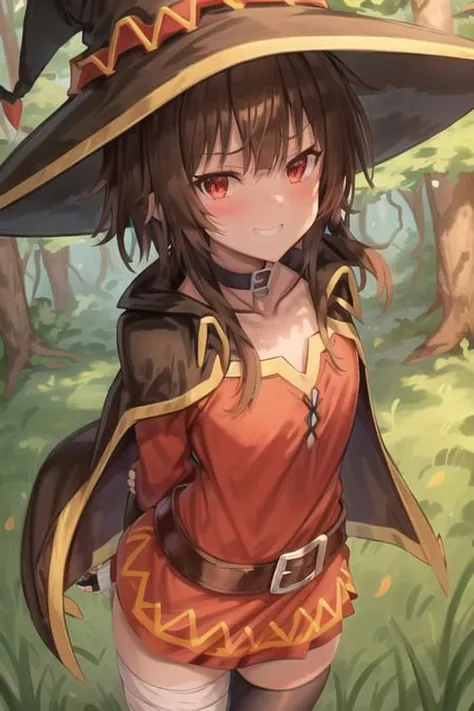 <lora:Megumin v2:0.4>

megumin, kono subarashii sekai ni shukufuku wo!, 1girl, solo, standing, looking at viewer, hat, witch hat, brown hair, short hair with long locks, red eyes, blush, evil grin, black choker, collarbone, flat chest, off-shoulder dress, dress, red dress, brown cape, long sleeves, black gloves, fingerless gloves, belt, brown belt, gold trim, zettai ryouiki, skindentation, (asymmetrical legwear:1.4), mismatched legwear, (bandaged leg:1.3), black thighhighs, (arms behind back:1.3), 

(forest:1.4) 
<lora:Nasu - Style:0.7>