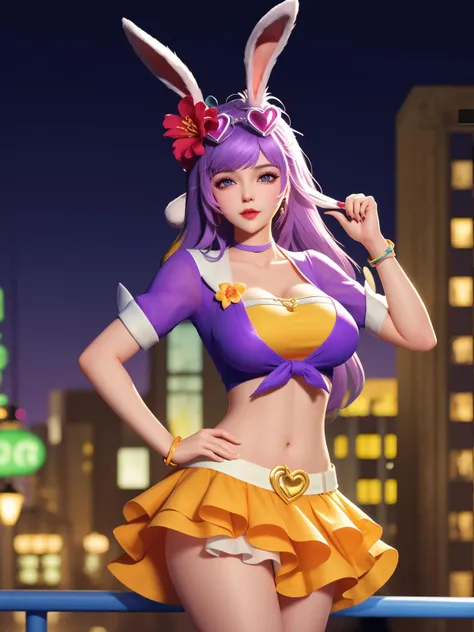 WZRYgongsunliMJZX, 1girl, solo, rabbit ears,skirt, long hair, jewelry, hair flower, purple hair, midriff, breasts, blue eyes, bracelet, navel,choker, lips,heart-shaped eyewear,looking at viewer, <lora:WZRYgongsunliMJZX:0.75>,cityscape, night,mature female, hand on hip,