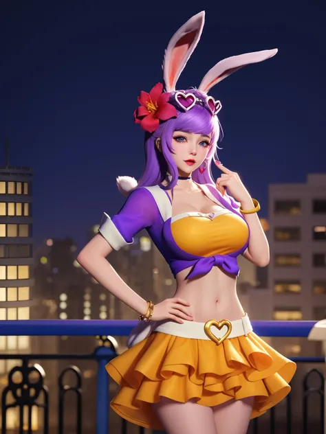 WZRYgongsunliMJZX, 1girl, solo, rabbit ears,skirt, long hair, jewelry, hair flower, purple hair, midriff, breasts, blue eyes, bracelet, navel,choker, lips,heart-shaped eyewear,looking at viewer, <lora:WZRYgongsunliMJZX:0.75>,cityscape, night,mature female, hand on hip,