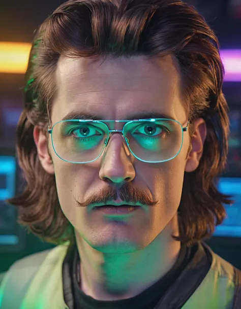 award winning cringe photograph, H4ck3rm4n, close up, hackerman with a mullet haircut, moustache, wearing glasses, looking into the camera, chroma, neon, hologram, rim lighting, volumetric, 8k resolution, trending on art station   <lora:H4ck3rm4n_001:0.5>