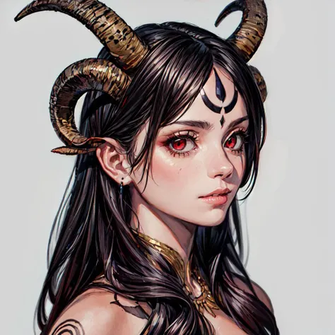 (ultra amazing beautiful detailed,32k, masterpiece:1.2),bust portrait, 1girl,wearing tribal clothing,horns,red eyes, tattoo, <lora:GoodHands-beta2:1.6>,<lora:add_detail:0.88>,(high detailed skin:1.1), 8k uhd, dslr, high quality, <lora:TW_Succubus-DEF:.7>, simple background,