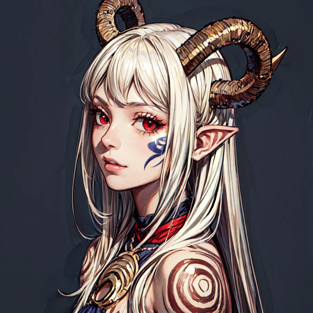 (ultra amazing beautiful detailed,32k, masterpiece:1.2),bust portrait, 1girl,wearing tribal clothing,horns,red eyes, tattoo, <lora:GoodHands-beta2:1.6>,<lora:add_detail:0.88>,(high detailed skin:1.1), 8k uhd, dslr, high quality, <lora:TW_Succubus-DEF:.7>, simple background,