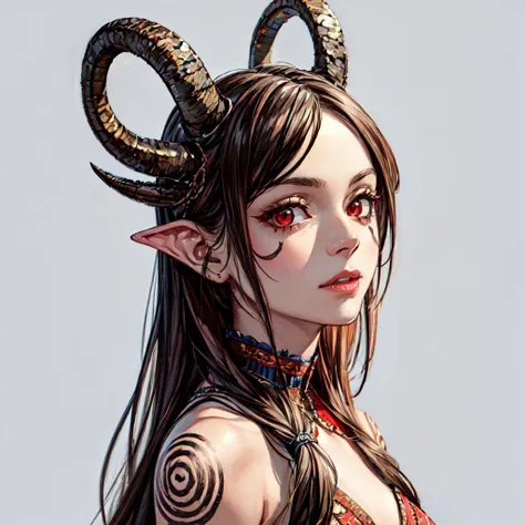 (ultra amazing beautiful detailed,32k, masterpiece:1.2),bust portrait, 1girl,wearing tribal clothing,horns,red eyes, tattoo, <lora:GoodHands-beta2:1.6>,<lora:add_detail:0.88>,(high detailed skin:1.1), 8k uhd, dslr, high quality, <lora:TW_Succubus-DEF:.7>, simple background,