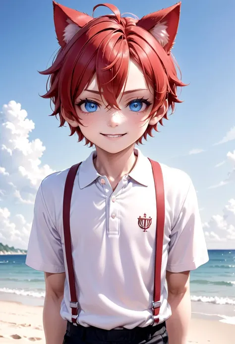 <lora:Aki_epoch_13:0.6>, (1boy:1.2), beach, smile, ( crimson cat ears:1.4), (red ears), male face, male body, more details in eyes, (very short hair:1.2), hair between eyes, cute, adorable boy, cute face, detailed face, handsome, young, juvenile, white skin, eyeshadow, crew cut, crimson hair, details sky, looking at viewer, blush, blue eyes, full shot, red suspenders, (pants), (white polo shirt), aki,petite,
(masterpiece:1.2), best quality, high resolution, unity 8k wallpaper, (illustration:0.8), (beautiful detailed eyes:1.6), extremely detailed face, perfect lighting, extremely detailed CG, (perfect anatomy),