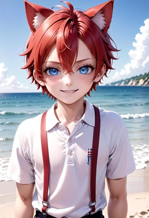 <lora:Aki_epoch_13:0.6>, (1boy:1.2), beach, smile, ( crimson cat ears:1.4), (red ears), male face, male body, more details in eyes, (very short hair:1.2), hair between eyes, cute, adorable boy, cute face, detailed face, handsome, young, juvenile, white skin, eyeshadow, crew cut, crimson hair, details sky, looking at viewer, blush, blue eyes, full shot, red suspenders, (pants), (white polo shirt), aki,petite,
(masterpiece:1.2), best quality, high resolution, unity 8k wallpaper, (illustration:0.8), (beautiful detailed eyes:1.6), extremely detailed face, perfect lighting, extremely detailed CG, (perfect anatomy),