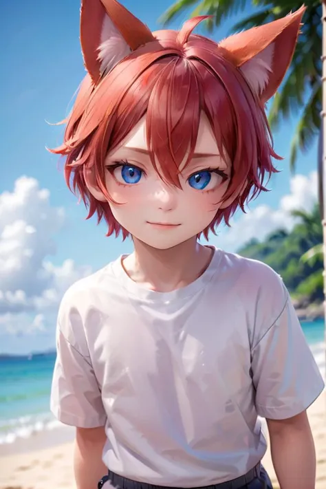 <lora:aki_sdxl_v10:0.6>,1boy, aki, crimson hair, animal ears, masterpiece, ultra detail, blue eyes