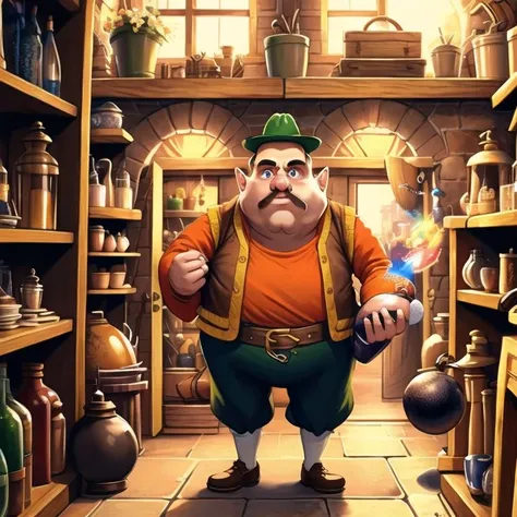(masterpiece, top quality, best quality, beautiful, and aesthetic:1.2) upper body, m0rshu, 1boy, explosive, holding, holding bomb, standing inside rustic antique store, medieval village <lora:morshuproject1-10:1>