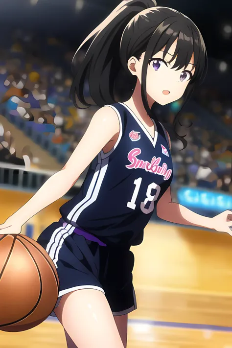 takina inoue, (ultra-detailed), 8K, ultra high res, (1girl), finely detailed beautiful eyes, black hair, breasts, small breasts, long hair, ponytail, purple eyes, light on face, light on body, solo, slim body, slim thighs, ((masterpiece)), sunshine light, stadium, basketball, (basketball player outfit), (playing basketball), <lyco:takinaInoueLycoris_v08:0.7>