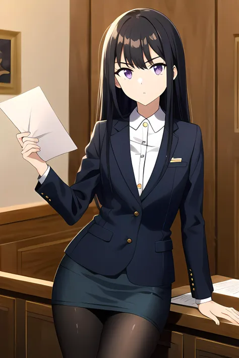 takina inoue, (ultra-detailed), 8K, ultra high res, (1girl), finely detailed beautiful eyes, (black hair), breasts, small breasts, long hair, purple eyes, light on face, light on body, look at viewer, solo, slim body, slim thighs, ((masterpiece)), serious expression, (bare neckline:1.1), sunshine light, indoor, (courthouse), ((lawyer:1.2)), lawsuit, (navy blue lawyer suit jacket), white shirt, (skirt), (small golden lapel pin), holding documents, pantyhose, <lyco:takinaInoueLycoris_v08:0.6>