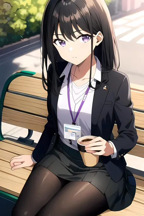 takina inoue, (ultra-detailed), 8K, ultra high res, (1girl), finely detailed beautiful eyes, (black hair), breasts, small breasts, long hair, purple eyes, light on face, light on body, look at viewer, solo, slim body, slim thighs, ((masterpiece)), sunshine light, Tokyo, street, holding take-out coffee, (black women's suit jacket:1.2), (shirt), (black skirt:1.2), (ID card with lanyard:1.2), pantyhose, (sitting on the bench), <lyco:takinaInoueLycoris_v08:0.6>