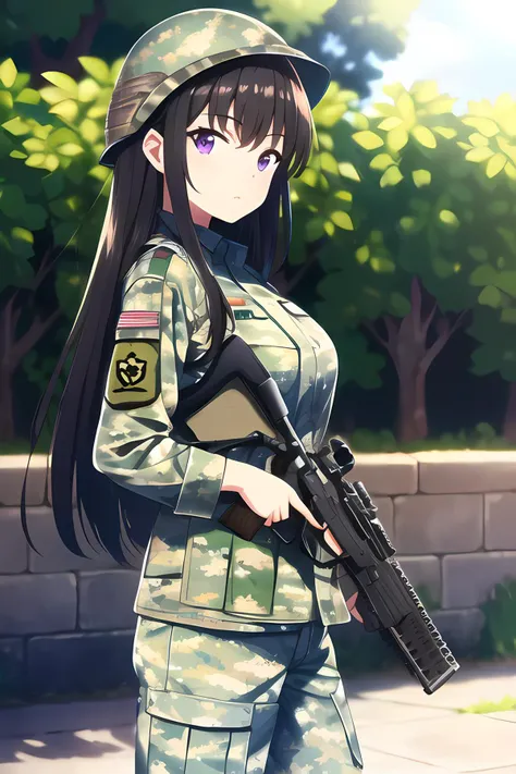 takina inoue, (ultra-detailed), 8K, ultra high res, (1girl), finely detailed beautiful eyes, (black hair), breasts, small breasts, long hair, purple eyes, light on face, light on body, look at viewer, solo, slim body, slim thighs, ((masterpiece)), sunshine light, outdoor, Iraq, (military camouflage uniform), camouflage soldier pants, (camouflage military helmet), automatic rifle,  <lyco:takinaInoueLycoris_v08:0.6>