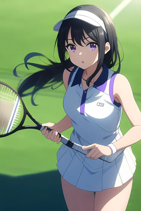 takina inoue, (ultra-detailed), 8K, ultra high res, (1girl), finely detailed beautiful eyes, black hair, breasts, small breasts, long hair, purple eyes, light on face, light on body, solo, slim body, slim thighs, ((masterpiece)), sunshine light, stadium, (tennis), playing tennis, (tennis player outfit), (white visor), <lyco:takinaInoueLycoris_v08:0.7>