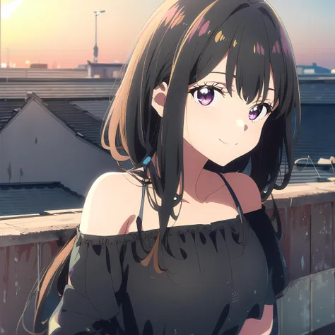 high quality, best quality, masterpiece, absurdres, takina inoue, casual, 1girl, <lora:takina-000007:0.9>, solo, black_dress, bare_shoulder, rooftop, sunset, looking_at_viewer, smile, blush