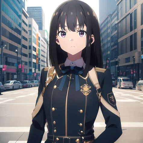 high quality, best quality, masterpiece, absurdres, takina inoue, uniform, 1girl, <lora:takina-000005:0.9>, solo, outdoors, city