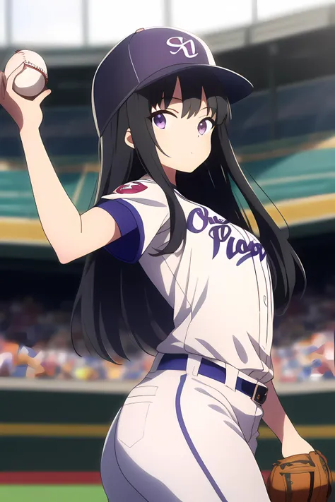 takina inoue, (ultra-detailed), 8K, ultra high res, (1girl), finely detailed beautiful eyes, black hair, breasts, small breasts, long hair, purple eyes, light on face, light on body, solo, slim body, slim thighs, ((masterpiece)), sunshine light, stadium, (baseball), (baseball glove), (baseball pitcher outfit), (pitcher hat), <lyco:takinaInoueLycoris_v08:0.7>