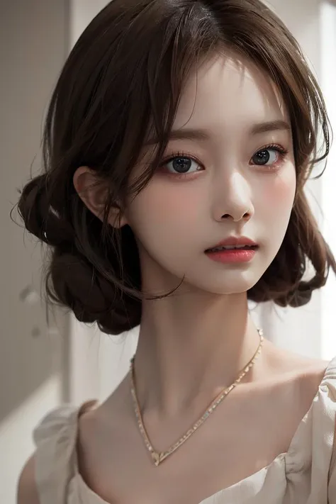 portrait、masterpiece:1.3、one girl、Upper body、Upper body、、natural look、very cute、brown hair、fine eyes、short bangs、short bob、small red earrings、plump lips、no makeup、green crociocas on the face、最high quality、High resolution、Super detailed、high quality、Detailed details、８ｋ、(((blurred background、gray walls、gray background、White world、studio:1.5、cinematic lighting、professional photographer)))