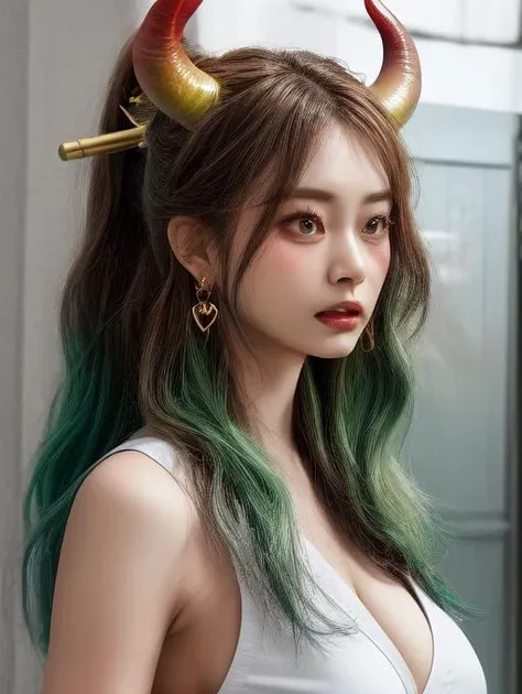 highres, masterpiece,best quality, 4k, extremely detailed, 1girl, solo , detailed beautiful face, (heart-shaped pupils),, <lora:add_detail:1>
<lora:yamatotest:1> yamato, ahoge, aqua hair, (brown eyes:1.5), curled horns, earrings, green hair, grey hair, hair ornament, hair stick, high ponytail, horns, long hair, multicolored hair, multicolored horns, oni, red horns, shimenawa, sidelocks, v-shaped eyebrows, very long hair, bare arms, bare shoulders, hakama, japanese clothes, rope, shimenawa, sideboob, sleeveless, sleeveless kimono,cleavage, huge breasts, <lora:tzuyuv2:0.95> tztwtzuyu