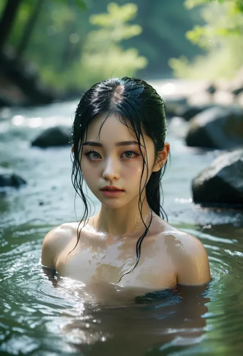 tzuyu bathing on a river by the woods, submerged, with black eyes, black wet hair, depth of field, soft focus, realistic water, water reflections, <lora:tzuyuv2:1>