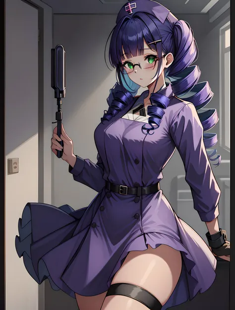((masterpiece, best quality, high quality)),1girl, ((uncropped,lower body, hospital)), <lora:Purple Nurse:0.6> (purple_nurse_cst, stethoscope, nurse, nurse cap, purple headwear, purple dress, jewelry), <lora:Natalie Griffin:0.6> (natalie griffin, oc ch8, 1girl, long hair, hair ornament, green eyes, glasses, drill_curls, drill locks, hairclip, mature_female, dark blue hair, sidelocks, blunt bangs, drill hair, twin drills, under-rim eyewear),