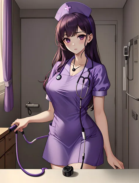 ((masterpiece, best quality, high quality)),1girl, ((uncropped,lower body, hospital)), <lora:Purple Nurse:0.6> (purple_nurse_cst, stethoscope, nurse, nurse cap, purple headwear, purple dress, jewelry),