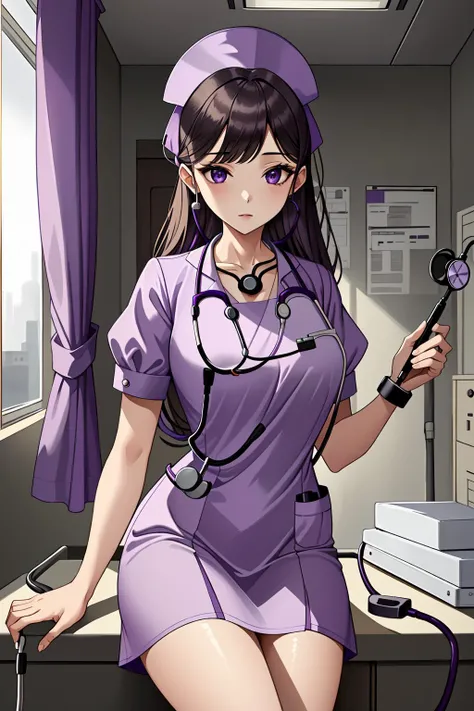 ((masterpiece, best quality, high quality)),1girl, (hospital), <lora:infirmary_v0.1:0.5> infirmary, <lora:Purple Nurse V2:0.8> (purple_nurse_cst, stethoscope, nurse, nurse cap, purple headwear, purple dress, jewelry),