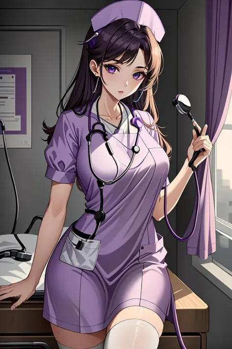 ((masterpiece, best quality, high quality)),1girl, (hospital), <lora:infirmary_v0.1:0.5> infirmary, <lora:Purple Nurse V2:0.8> (purple_nurse_cst, stethoscope, nurse, nurse cap, purple headwear, purple dress, jewelry),