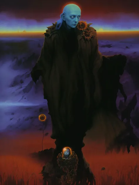 <lora:Zdzislaw_Beksinski_ArtStyle_selected:1>, horror sci fi poster, a field of sunflowers by zdzislaw beksinski, wayne barlowe, gothic, cosmic horror, lovecraftian, cold hue's, warm tone gradient background, concept art, beautiful composition, digital painting, trending on artstation, award - winning photograph, masterpiece, 8 k, uhd, art by artgerm