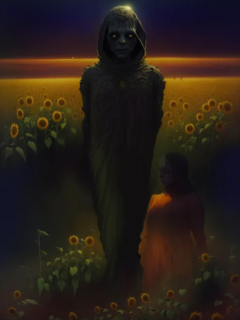 <lora:Zdzislaw_Beksinski_ArtStyle_selected:0.8>, horror sci fi poster, a field of sunflowers by zdzislaw beksinski, wayne barlowe, gothic, cosmic horror, lovecraftian, cold hue's, warm tone gradient background, concept art, beautiful composition, digital painting, trending on artstation, award - winning photograph, masterpiece, 8 k, uhd, art by artgerm