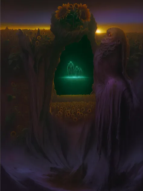 <lora:Zdzislaw_Beksinski_ArtStyle_selected:1>, horror sci fi poster, a field of sunflowers by zdzislaw beksinski, wayne barlowe, gothic, cosmic horror, lovecraftian, cold hue's, warm tone gradient background, concept art, beautiful composition, digital painting, trending on artstation, award - winning photograph, masterpiece, 8 k, uhd, art by artgerm