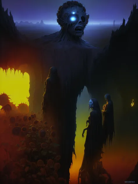 <lora:Zdzislaw_Beksinski_ArtStyle_selected:0.8>, horror sci fi poster, a field of sunflowers by zdzislaw beksinski, wayne barlowe, gothic, cosmic horror, lovecraftian, cold hue's, warm tone gradient background, concept art, beautiful composition, digital painting, trending on artstation, award - winning photograph, masterpiece, 8 k, uhd, art by artgerm