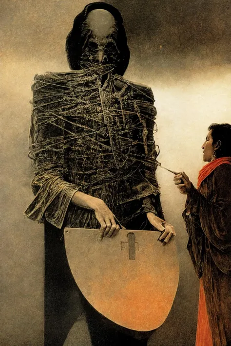 High detail painting in the style of <lora:Zdzislaw_Beksinski_ArtStyle_selected:0.9>, strange fantasy, (fog, haze, structures, ominous, long, red, orange, sky, creature, apocalyptic, teeth, silhouette, glowing, cathedral, floating, massive, lovecraftian, cracked, dry, crumbling, nightmarish, horror, gothic:0.8), surrealist, dystopian, absurdes, 8k high definition, highest quality, masterpiece, best quality, 8k, HDR, ultra-detailed, amazing, intricate