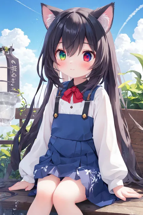 1girl,(heterochromia:1.4),sitting,(red eyes:1.4),(blue eyes:1.4),very long hair,blue sky,blush,closed mouth,cloud,cloudy sky,condensation trail,day,cat,