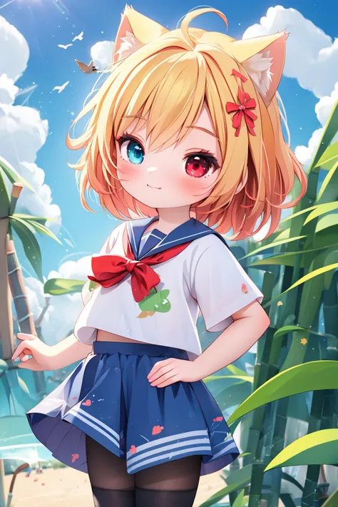 1girl,bangs,beach,bird,black legwear,(heterochromia:1.4),(red eyes:1.4),(blue eyes:1.4),blonde hair,cat ears clouds,blue sailor collar,blue skirt,blue sky,blush,red bow,closed mouth,cloud,cloudy sky,condensation trail,day,