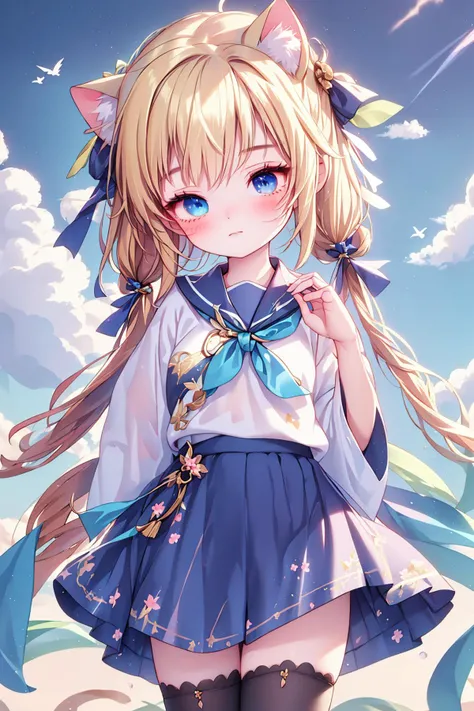 1girl,bangs,beach,bird,black legwear,(heterochromia:1.4),(red eyes:1.4),(blue eyes:1.4),blonde hair,cat ears clouds,blue sailor collar,blue skirt,blue sky,blush,red bow,closed mouth,cloud,cloudy sky,condensation trail,day,