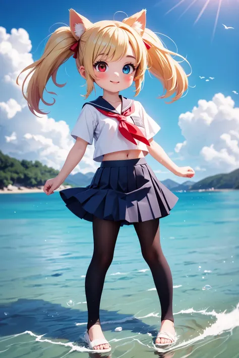 1girl,bangs,beach,bird,black legwear,(heterochromia:1.4),(red eyes:1.4),(blue eyes:1.4),(very long blonde hair:1.4),cat ears clouds,blue sailor collar,blue skirt,blue sky,blush,(red bow:1.2),closed mouth,cloud,cloudy sky,condensation trail,day,eyebrows visible through hair,floating hair,hair bow,horizon,island,lake,lighthouse,looking at viewer,midriff,mountain,navel,neckerchief,ocean,outdoors,pantyhose,partially underwater shot,pleated skirt,red neckerchief,sailor collar,school uniform,seagull,shirt,shore,short sleeves,blonde hair,skirt,sky,smile,solo,standing,standing on liquid,sunlight,twintails,wading,water,waves,wet,white shirt,wind,strong wind blows,